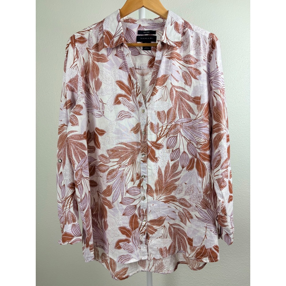 Tahari Womens Large 100% Linen Tropical Leaf Print Roll Tab Button Down Shirt